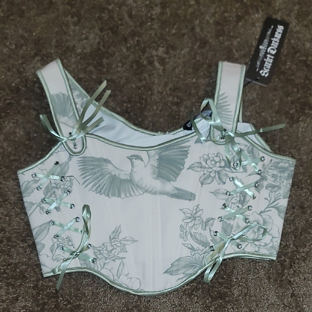 Bird Print Corset Top with Lace-Up Detail